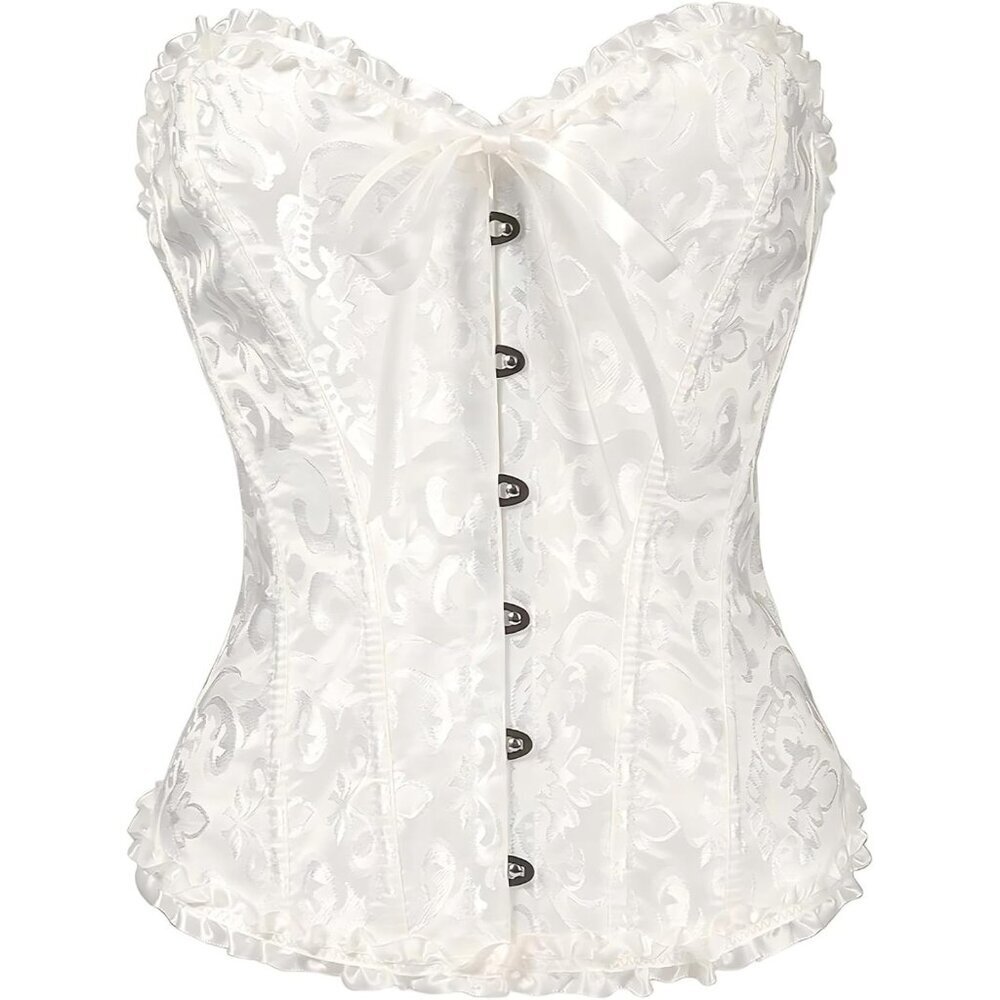 Women White Lace Up Boned Overbust Corset Top Bustier Lingerie Bodysuit